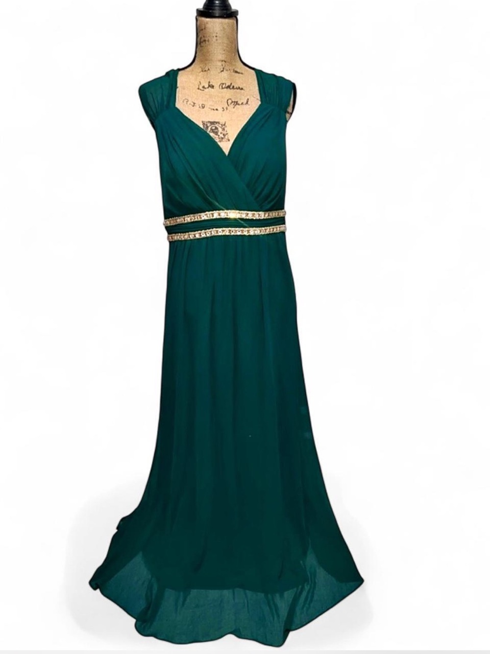 Emerald V-Neck Chiffon Evening Gown with Gold Embellished Waist size: 18